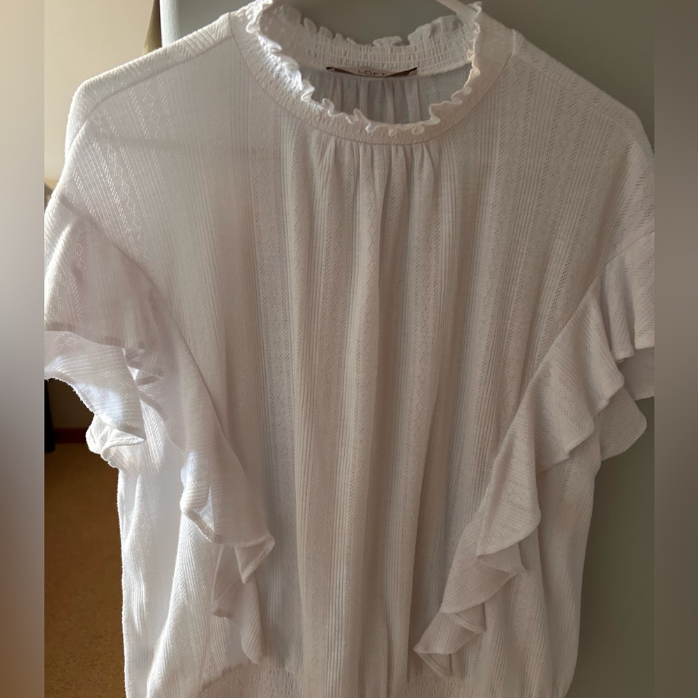LOFT White Textured Ruffle Top